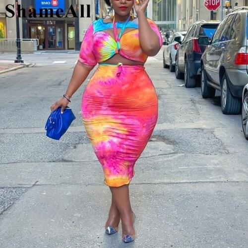 Plus Size Hollow out Tie-dye Crop Tops 2 Two Pieces Sets 4XL Summer Sexy Short Sleeve Shirt Maxi Bodycon Skirt Suit Club Outfits