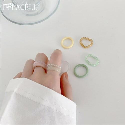 FFLACELL 2020 Korea Simple Vintage Resin Ring Set Summer Colorful Crystal Beads Resin Rings for Women Party Minimalist Jewelry