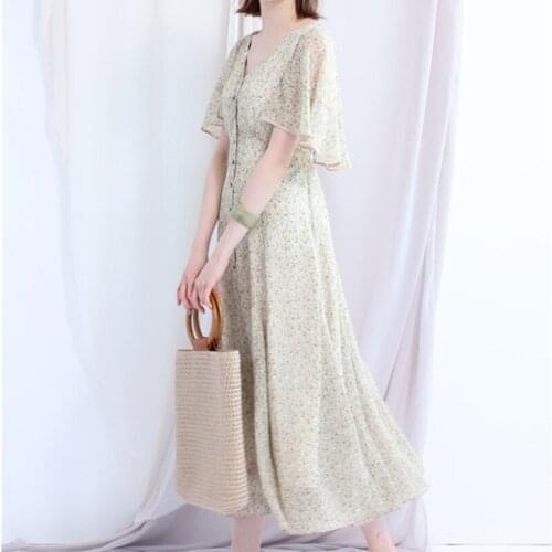 2021 New Single Breasted Summer Dress Sweet Flare Sleeve Print Dresses Women Temperament V Collar Office Lady Vestidos Mujer