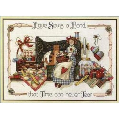 Gold Collection Lovely Counted Cross Stitch Kit Love Sews A Bond Sewing Sew Girl Woman Maid and Cat Kitten Kitty dim