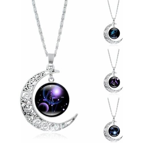 XUSHUI XJ 12 Constellation Glass Cabochon Pendant Necklace Crescent Moon Jewelry Chain Necklace Women girl Family gifts