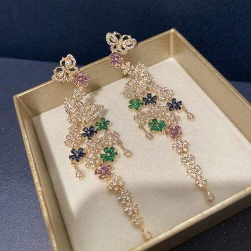 2021 New Korean Pop Colorful Butterfly Flowers Earrings Exaggerate Long Tassel Cubic Zircon Green Crystal For Women Jewelry