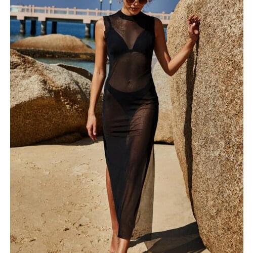 2021 Yiiciovy Summer Sexy Womens Bikini Cover-Ups Dress Women Mesh Sheer See-through Cover-Up Beach High Split Long Dresses