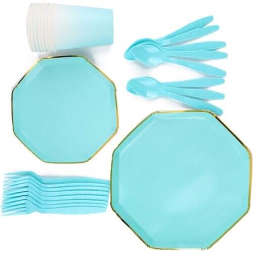 40Pc/Set Eight Sides Solid Blue Theme Disposable Tableware Birthday Decoration Baby Showers Cup Napkin Tablecloth Party Supplies