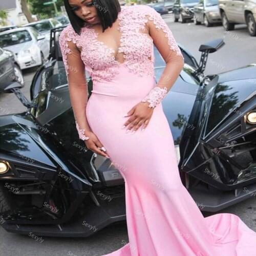 African Mermaid Satin Pink Evening Dress 2021 Elegant Plus Size See Through Lace Long Sleeve Prom Dresses For Black Girls Party