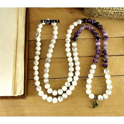108 Mala Bracelet Howlite & Purple Quartz Meditation Bracelet Healing Jewelry OM Pendant Bracelets White Mala Buddhist Bracelets