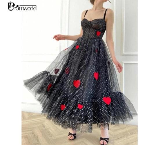 Black Polka Dots Tulle Tea Length Prom Dresses with Embroidered Handmade Hearts abiti da sera Prom Gown Homecoming Party Dress