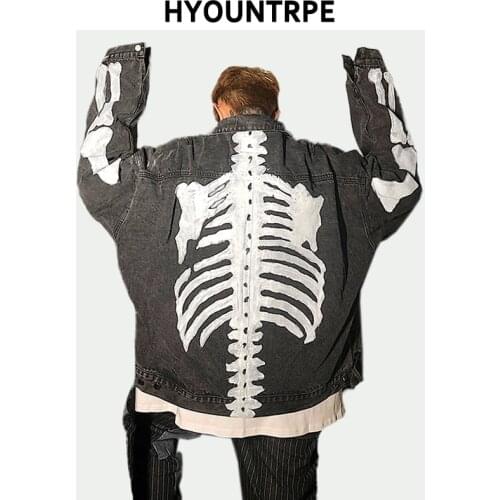 Skull Printed Denim Jackets Mens Fashion Turn Down Collar Long Sleeve Jean Loose Outerwear New Casual Streetwear Jeans Jackets