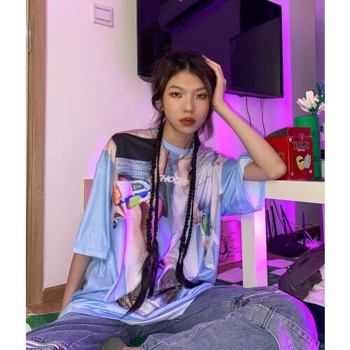Guochao digital printing short sleeve T-shirts 2021 summer oversize trend 5-sleeve top tees