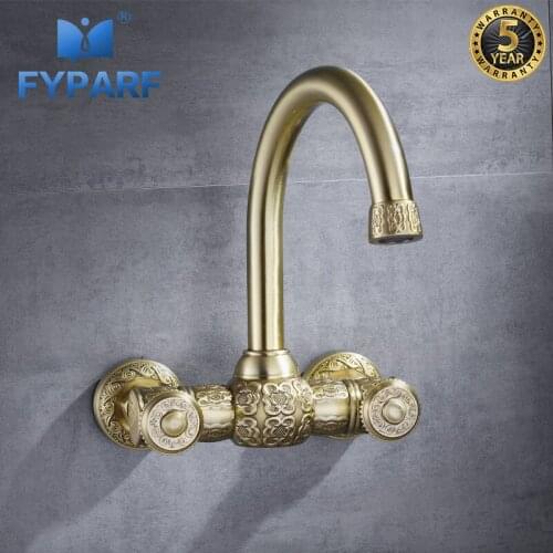 FYPARF Wall Mounted Bath Basin Mixer Gold Faucets Bathroom Sink Faucets Bathroom Fixtures in Brass Hot Cold Tap Waterfall 2 Hole