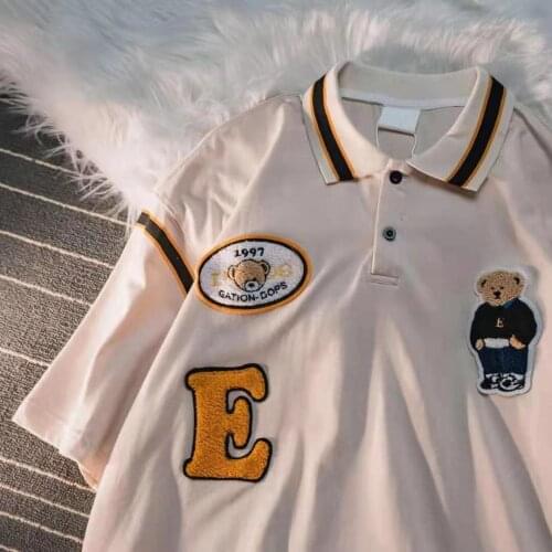Cotton Bear Embroidery Polo Collar Vintage Graphic Tee Women Loose Short Sleeve Casual Student Teens Preppy Style Summer T Shirt