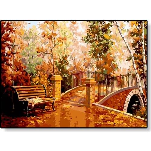 Painting By Numbers DIY Dropshipping 50x65 60x75cm fall forest arch bridge Scenery Canvas Wedding Decoration Art picture Gift