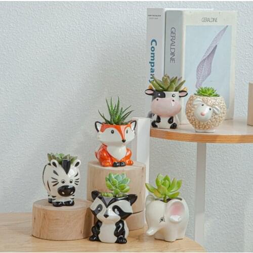 Nordic New Style Ceramic Animal Flower Pot Cartoon fox Zebra Sheep Cow Head Mini Pot Succulents Plants Bonsai Pots Home Decor