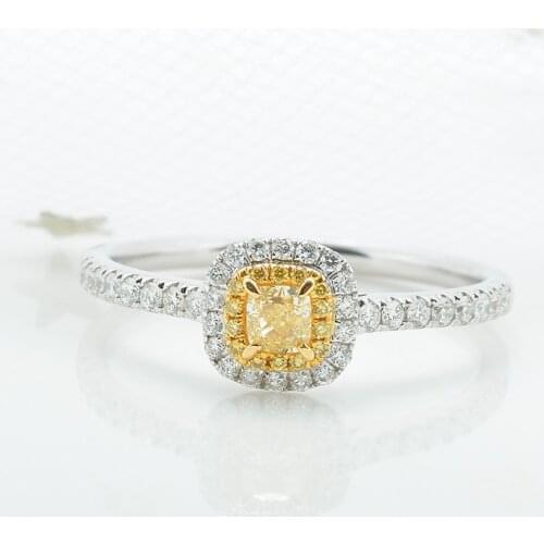 Solid 18K White Gold 0.6ctw Moissanite Cushion Cut Ring Yellow Halo Moissanite Ring Engagement Ring Fine Gold Jewelry For Women