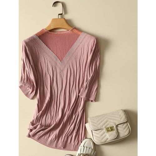 Lace Patchwork Knitted Women T-Shirts Summer New 2021 O-Neck Short-Sleeved Elastic Solid Female Pulls Tops Tees