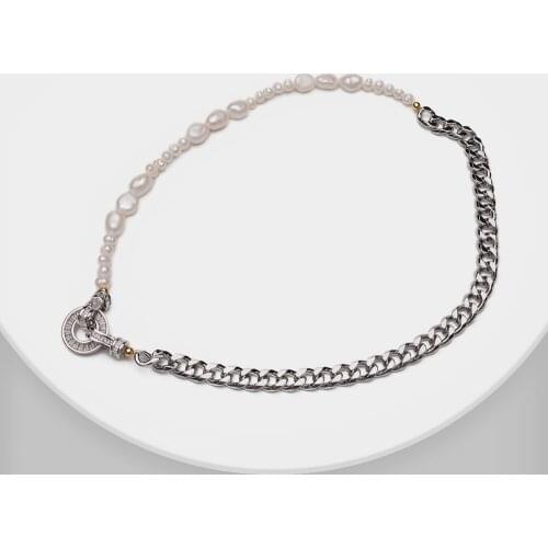 Amorita boutique fashion Natural pearl chain stitching design metal necklace