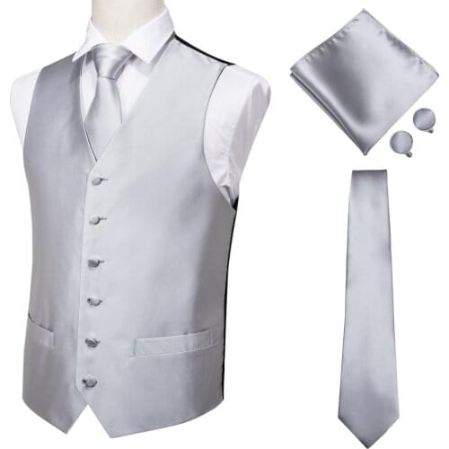 MJ-0001 Hi-Tie Men Vest Silk Waistcoat Vest High Quality Handkerchief Cufflinks Tie Vests Set Silver Grey Solid Vests for Mens