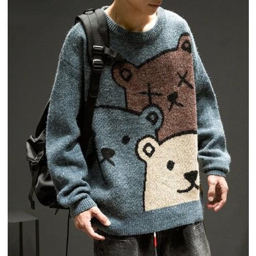 Mens Hip-hop Streetwear Harajuku Sweater O-Neck Cute Japanese Anime Bear Sweater Couple Knitted 2021 Fall/winter Warm Pullover