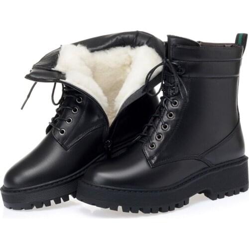 2020 New Cross Straps Black Genuine Leather Boots Warm Inisde Plush / Wool Boots for Women Snow Boots Large Size Winter Boots