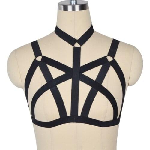 New Hot Women harness Bra body crop top Spandex Adjust Open Cage bra harness Sexy body stocking Goth harajuku Pentagram harness