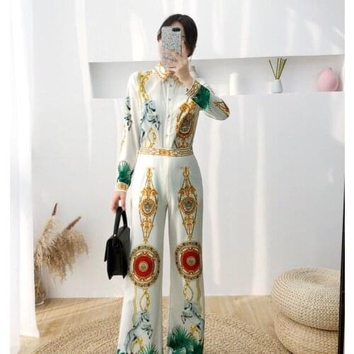 2021 spring and summer new womens long sleeve printed shirt high waist wide leg pants fashion casual Outfits two-piece set