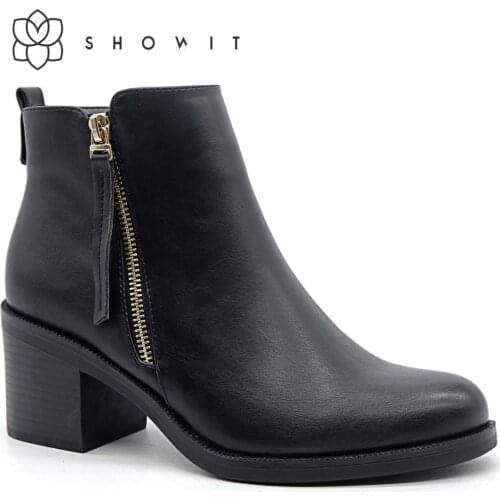 New arrived Comfortable ankle basic footwear womens shoes with hoof heels with side zipper Fashionable Middle heel classic