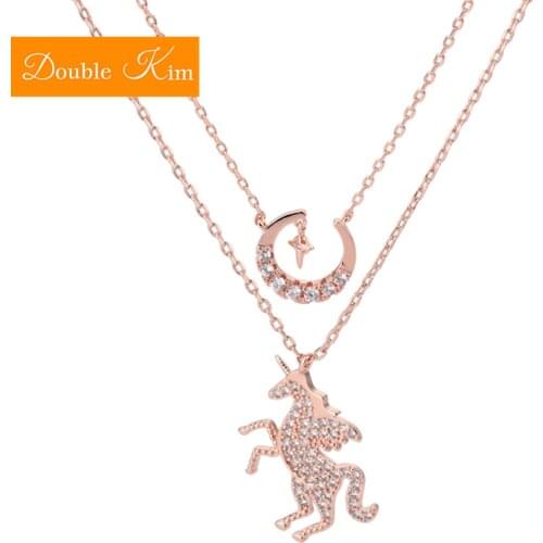 Unicorn Moon Zircon Pendant Necklace Titanium Steel Rose Gold Chain Necklace Inlaid Natural Zircon Fashion Trendy Women Jewelry