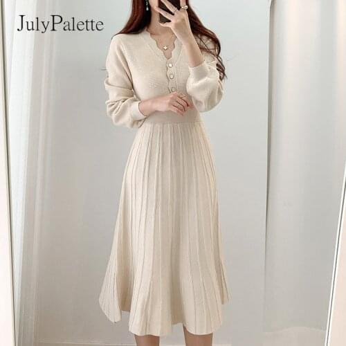 JulyPalette Winter Womens Knitted Dress Elegant Ladies Full Sleeve V-neck Midi Sweater Dress Solid Female Party A-line Dress