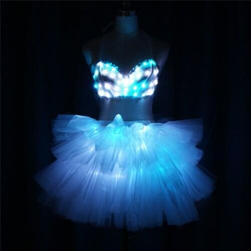 Ballet dance stage programmable costumes women tutu dress sexy led luminous skirt club wear outfit evening RGB clothe rave bra