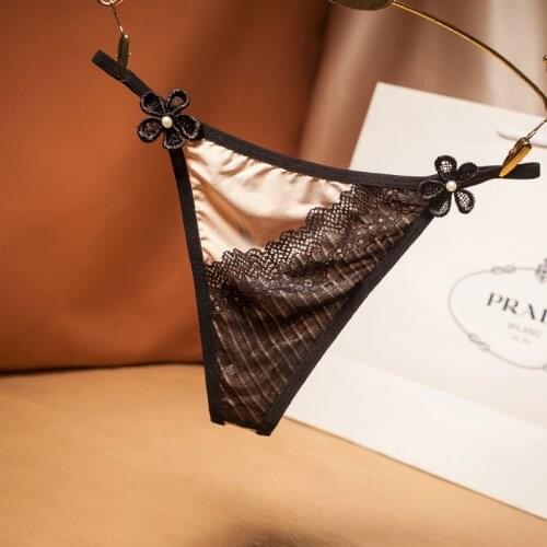 Luxury Satin Womens Thongs T-Back Sexy Large Size Elastic Cotton Jersey Crotch Low Waist Pearl Bow Womens Panties Lingerie