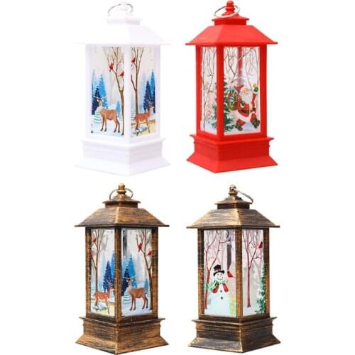 Christmas Vintage Lighted Lantern Cartoon Santa Snowman Reindeer Pattern Candle Lamp Candlestick Xmas Tabletop Decor