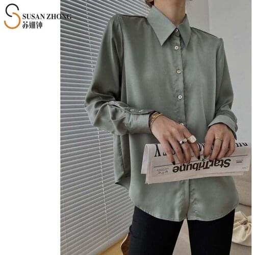 Women Shirts Female Blouse Ladies Tops Spring Romantic Vintage Loose Satin Turn-Down Collar Button Cuff Lantern Sleeve Wave Cut