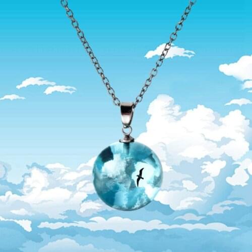 Chic Transparent Resin Rould Ball Necklace Pendant Women Blue Sky bird White Cloud Chain Necklace Luminous Jewelry Gifts Girl