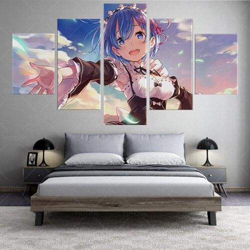 Modern 5 Piece Anime Demon Girl Rem Re Zero Canvas Painting Wall Art Picture Home Decor Print Poster Living Room Framework Gift