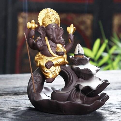 Tibetan Incense Sticks Ganesha Sitting Lotus Backflow Incense Burner Indian Elephant God Incense Holder Ceramic Cone Censer