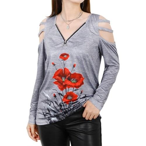 Long Sleeve Zipper T-shirt for Women Floral Print Hollow Out Casual Tops Female V Neck Loose Tees Ladies Plus Size Pullover Tops