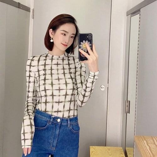 Women Plaid Long Sleeve T-shirt Tie-dyed O Neck Stretch 2021 Early Autumn New Female Slim Fit Fashion Tees Tops