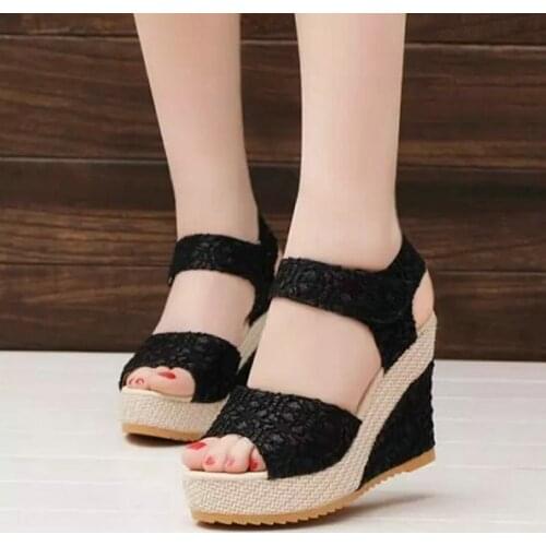 Korean style wedge sole sandals for ladies 2021 summer new style mesh high-heeled thick-soled open-toe casual fish mouth sandals