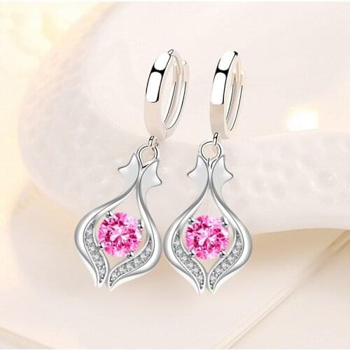 KOFSAC New 925 Sterling Silver Earrings For Women Elegant Pink Zircon Ribbon Drop Shape Earring Jewelry Lady Wedding Accessories