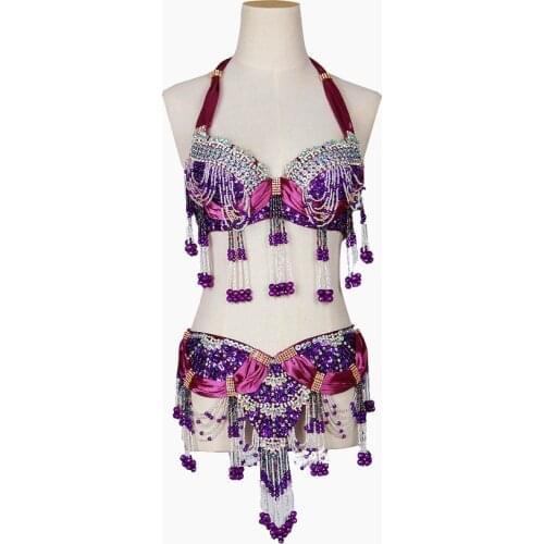 Size S-XL Performance 11 Colors Women Dancewear Professional 2pcs Outfit Oriental Beads Costume Belly Dance Bra Belt