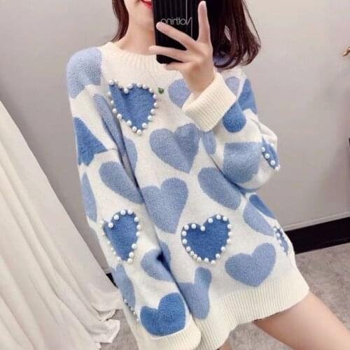 Autumn Heart Leopard Print Knit Sweater Elegant Pearl Beaded Women Sweet Casual Sweaters Winter Warm O Neck Long Sleeve Pullover