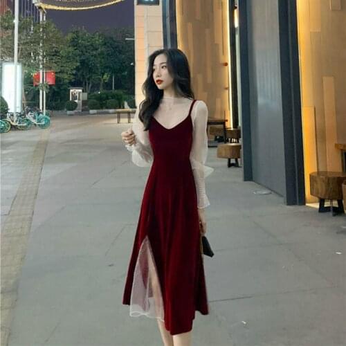 New Autumn Elegant Vintage Lady Set Turtleneck Long Sleeve Sexy Shiny Blouse +Strapless Velvet Split Midi Dress Two Pieces Suits
