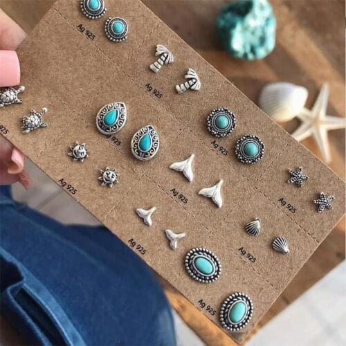 22 Pcs/Set Delicate Female Earrings Coco Turtle Sun Fishtail Drops Shell Creative Silver Color Earring Set Beach Party Jewelry