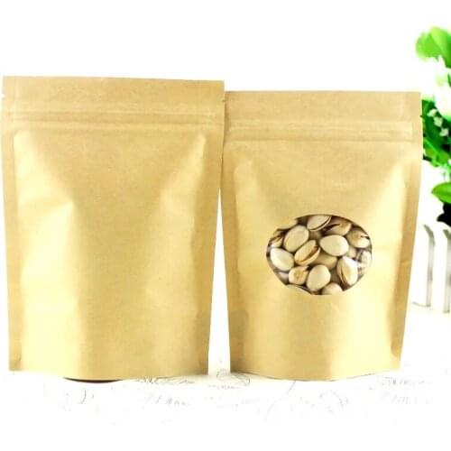 50 Pcs Window Kraft Stand Up Zip lock Bags Pouches With Clear Round Window Kraft Standing Zipper Bags Window Kraft Paper Bags