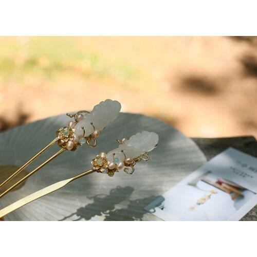 White Jade Piece Multicolor Pearl Hair Stick Vintage handmade Classical Hair Jewelry Cos Hanfu Hair Accessory Earrings