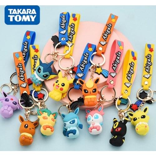 TOMY Pokemon Pikachu Keychain Kawaii Eevee Anime Figure Keychains Collection Dolls Bag Car Key Chain Pendant For Kids Xmas Gift