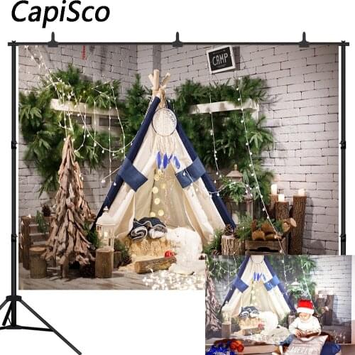 Capisco White Brick Wall Newborn Baby Kids Photo Background Printed camp Bulbs Green Garland Christmas Backdrop Photography