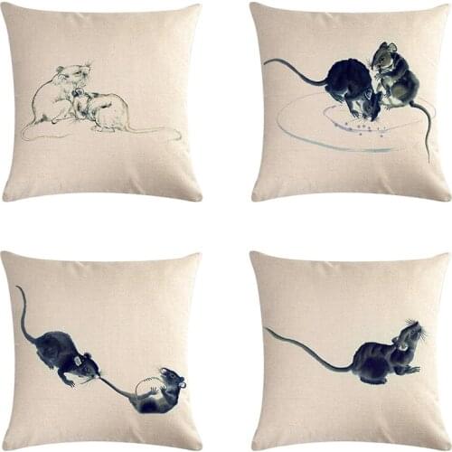 Square mouse Pattern Cushion Cover Animal Pillow Case Cotton Linen Chair Seat and Waist Home Living 45X45cm Throw Pillow Cover