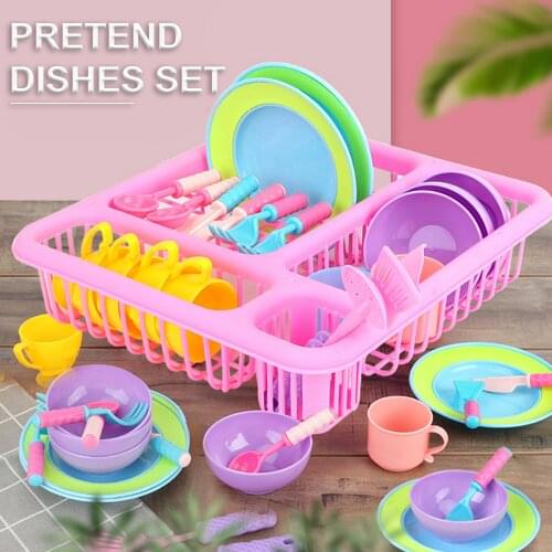 Children Kitchen Pretend Play Toys Tableware Dishes Set with Drainer Toys for 3 Years Old Kid Toddlers Birthday Gifts