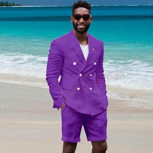 2020 Double Breasted Purple Linen Men Suit With Shorts Summer Prom Wedding Beach Suits For Men Slim Groom Tuxedo Jacket Pants